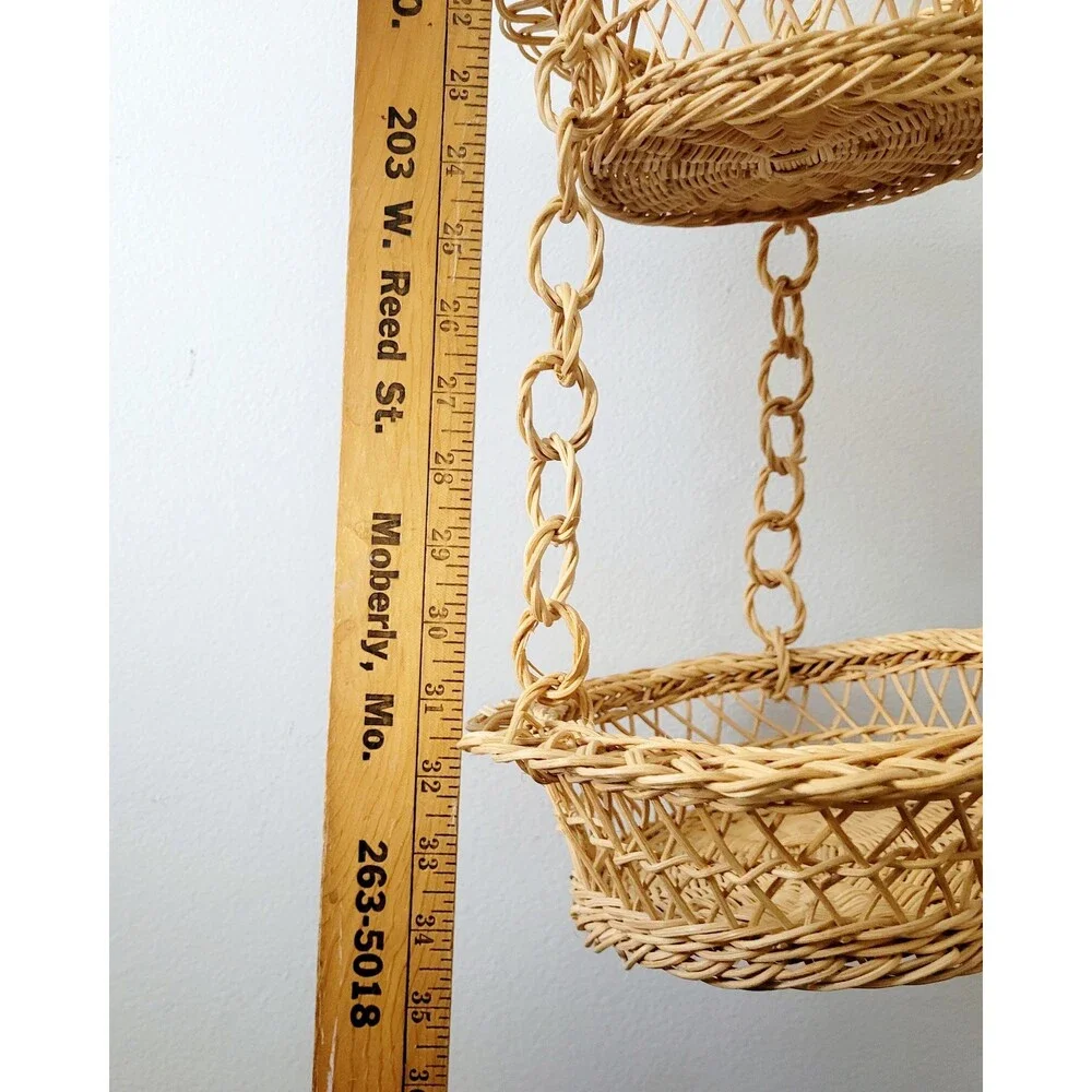 Vintage Handwoven Rattan Hanging Basket 3-Tier Organizer
